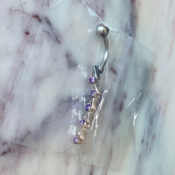 Purple Linear Crystal CZ Stainless Surgical Steel Belly Navel Ring - Picture 2 of 3